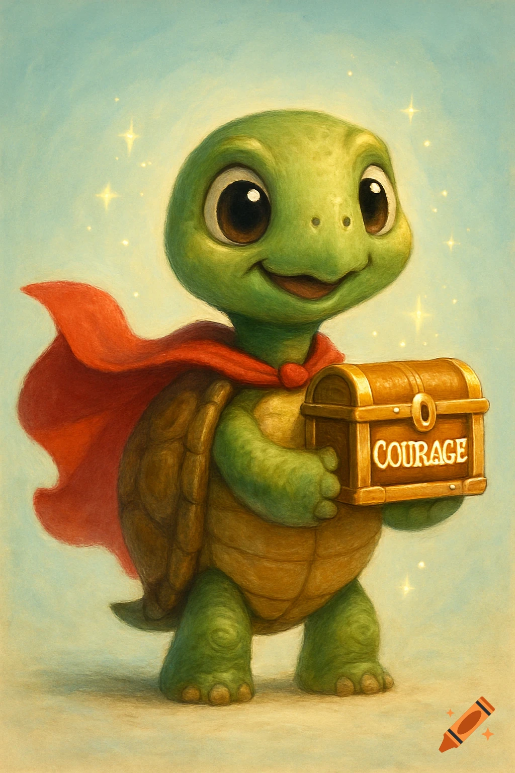 A cute, green cartoon turtle in a red superhero cape holds a golden treasure chest labeled 'COURAGE' against a sparkling light blue background.