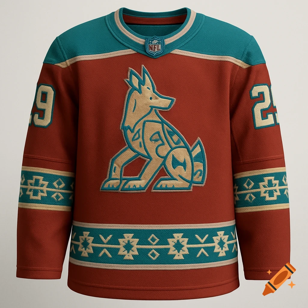 Brick red hockey jersey with a sand and teal Kachina coyote logo, turquoise shoulders, and patterned sleeves.
