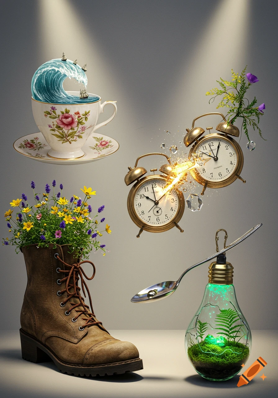 A surreal still life featuring a teacup with an ocean wave, two alarm clocks sparking, a boot with flowers, and a lightbulb terrarium with a spoon.