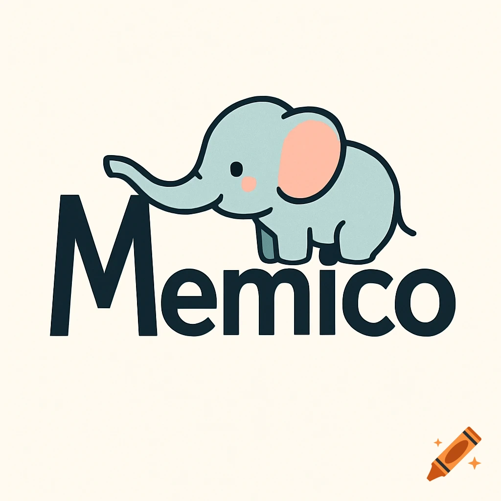 A cute, minimal vector elephant sits on the 'o' of 'Memico', its trunk kissing the 'M'.
