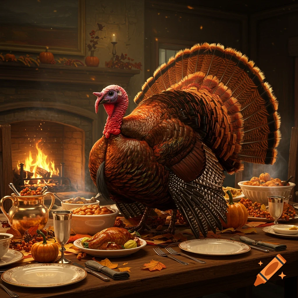 A majestic turkey stands on a Thanksgiving dinner table filled with food and pumpkins, in front of a warm fireplace.
