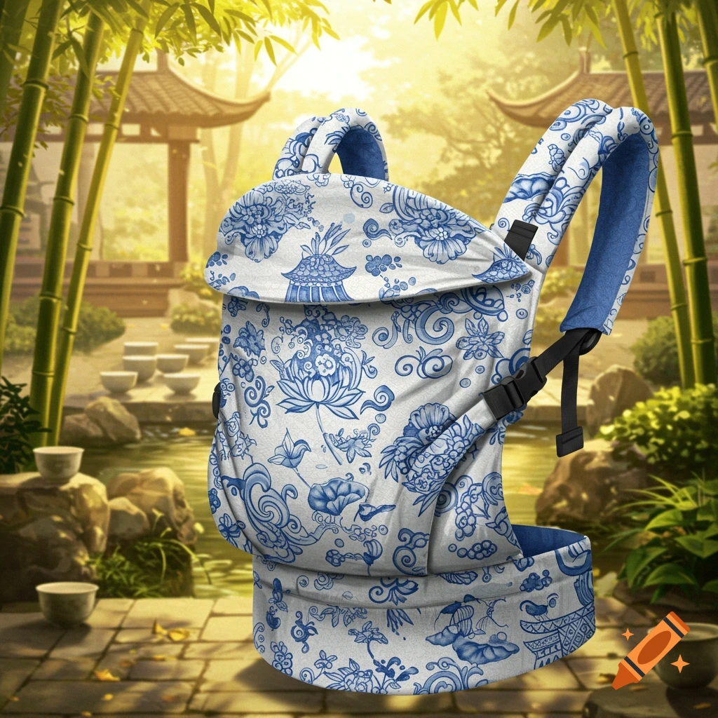 A baby carrier with a blue and white chinoiserie floral and scroll pattern in a serene Asian garden with bamboo and a pagoda.