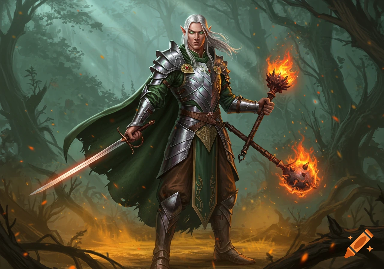 A battle-ready elf warrior in armor holds a sword and a flaming mace in a mystical forest.