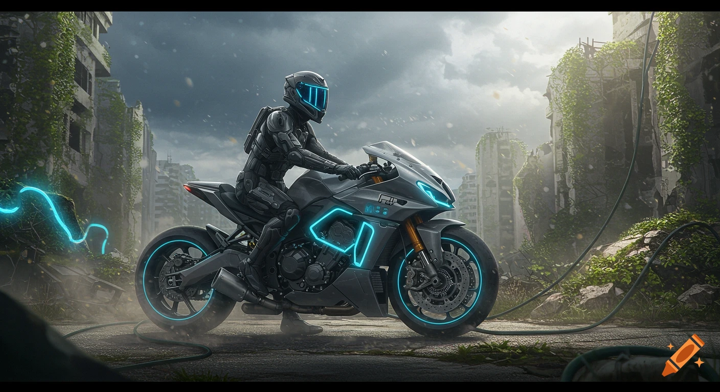 A futuristic rider on a sleek motorcycle with blue neon lights drives through a ruined, overgrown city under a cloudy sky.