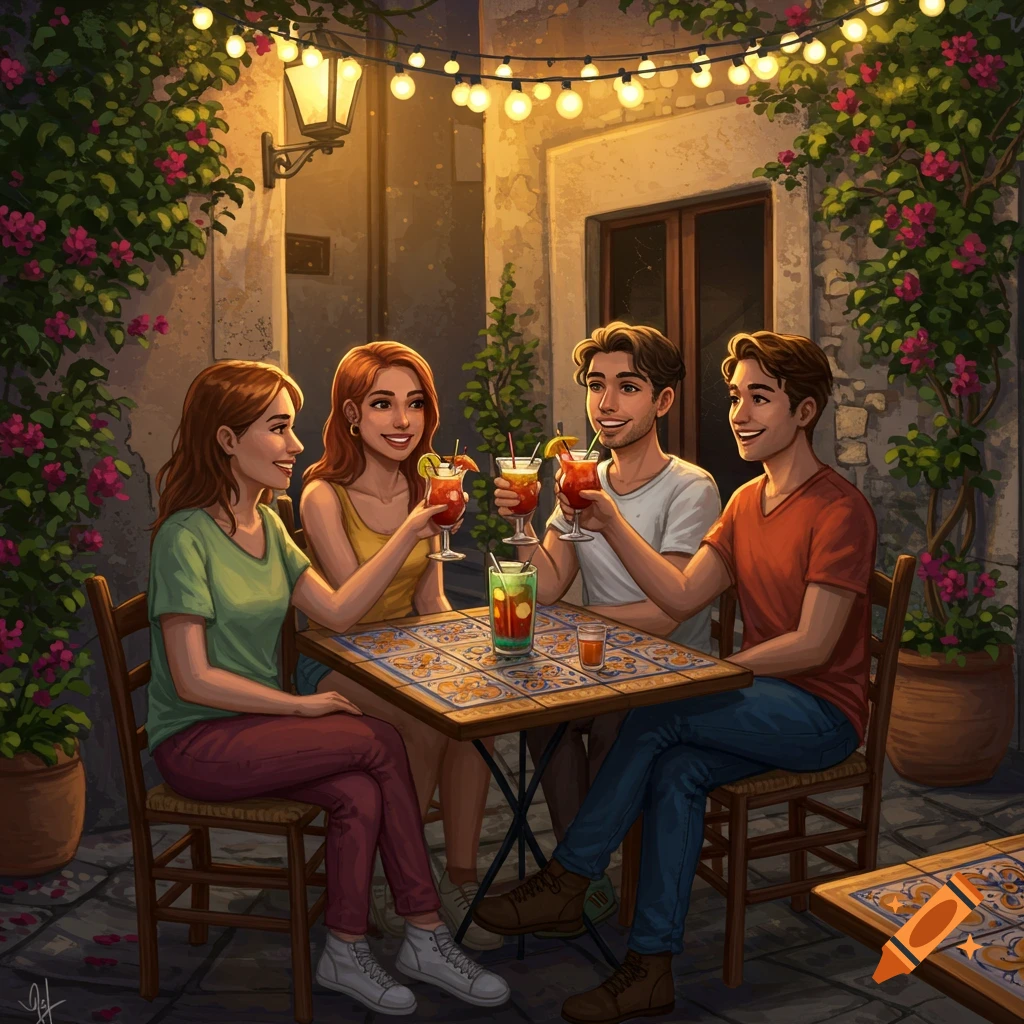 Illustrated scene of four friends toasting with cocktails on an outdoor patio at night, with string lights and flowering vines.