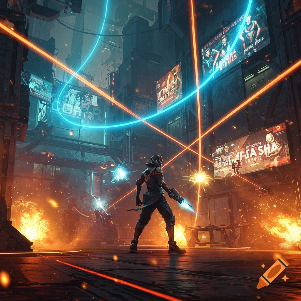 A futuristic warrior stands in a neon-lit cyberpunk city, amidst explosions and crisscrossing laser beams, holding a glowing weapon.