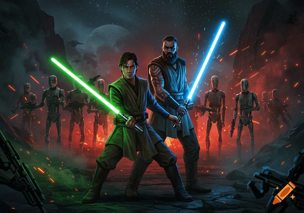 Two Jedi with green and blue lightsabers fight battle droids on a dark, alien planet under a starry sky. Digital art.