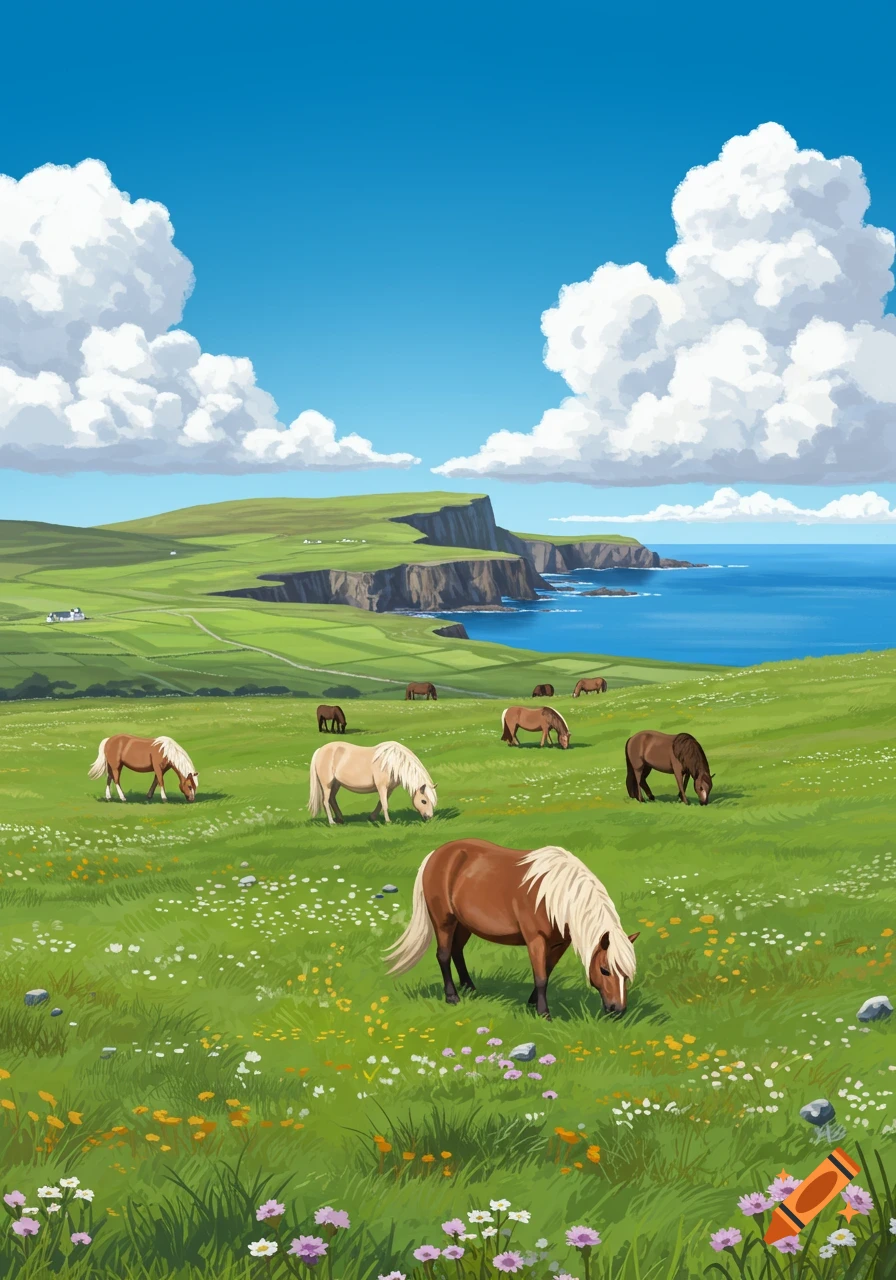 Horses graze in a vibrant green, flower-filled field with rolling hills leading to cliffs and a blue ocean under a bright sky with fluffy clouds, in an animated style.