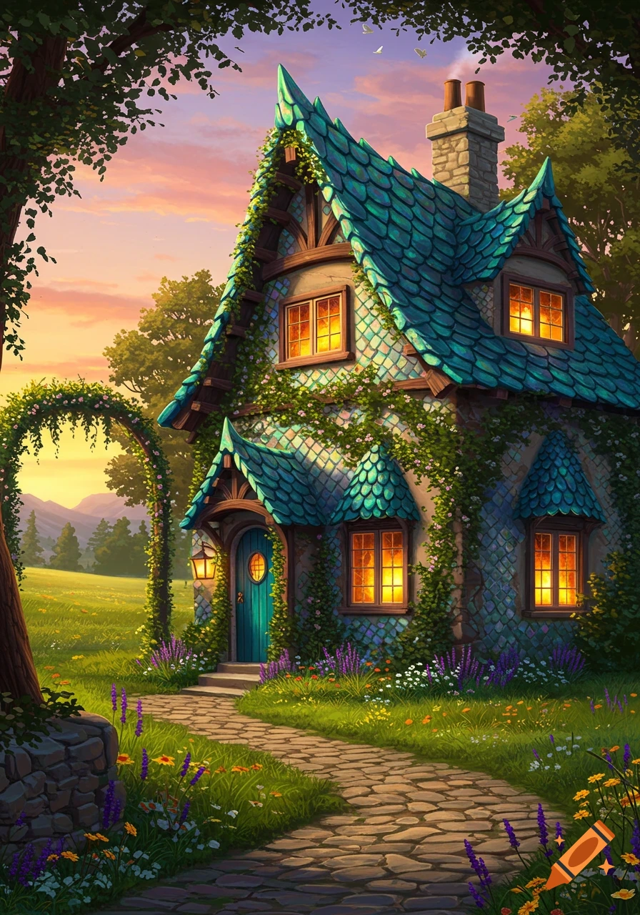 A whimsical fairytale house with a scaled turquoise roof and glowing windows, surrounded by a lush garden path at sunset.