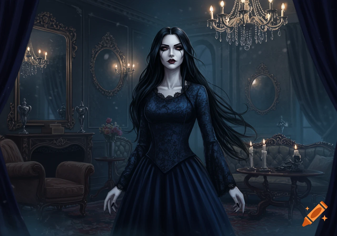 A pale gothic woman with long black hair and dark makeup stands in an ornate, dimly lit room with chandeliers and mirrors. Digital painting.