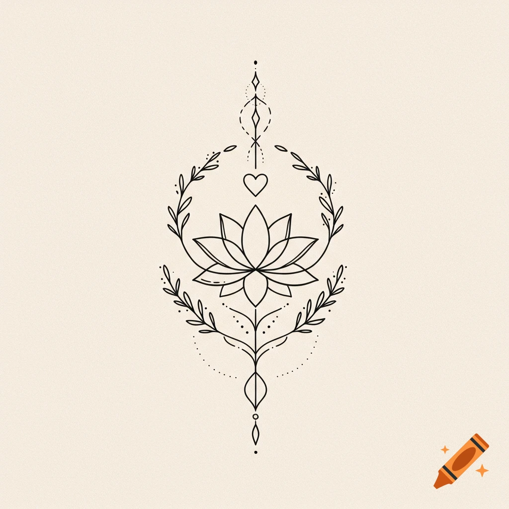A fine-line illustration of a lotus flower centered within a leafy wreath, with a small heart above and subtle geometric patterns.