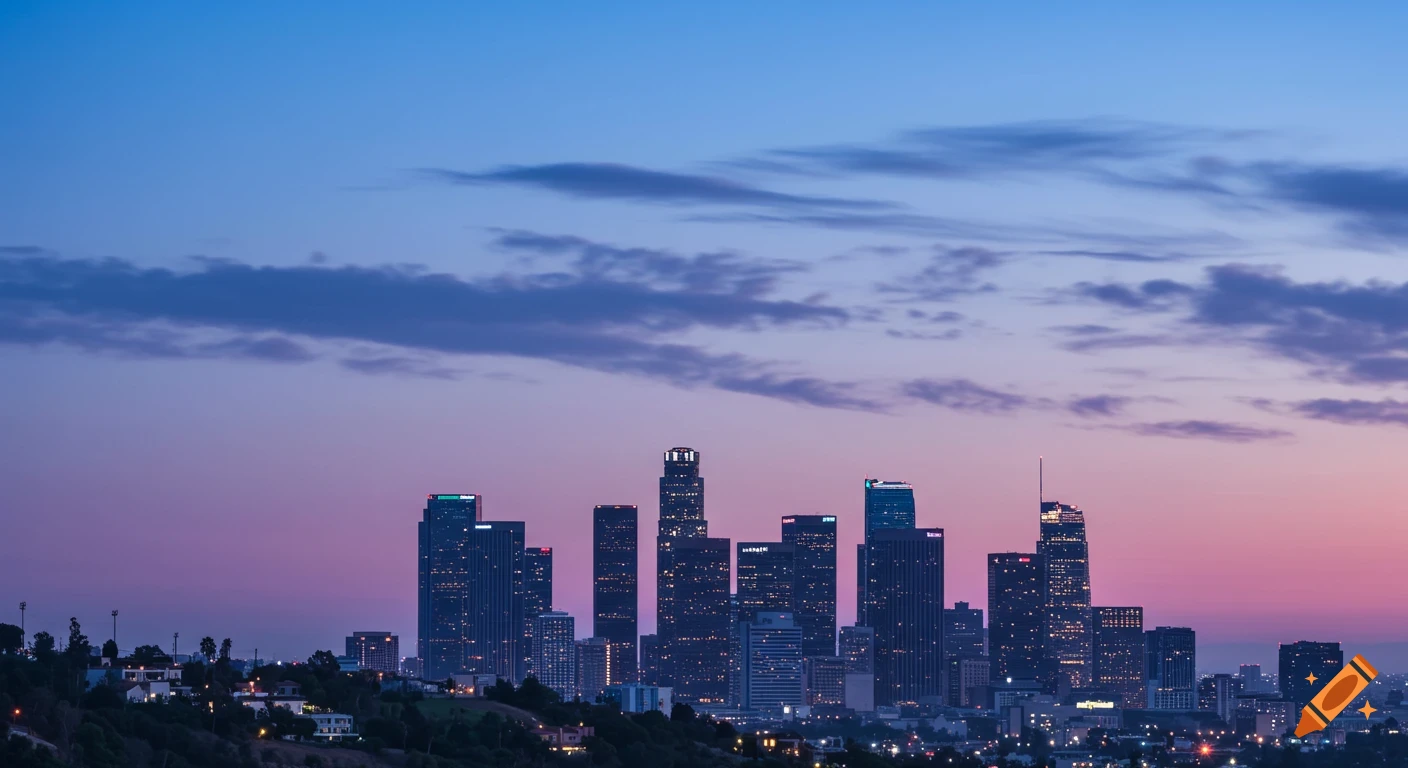 Photorealistic Los Angeles downtown skyline against a purple, blue, and pink dusk sky.