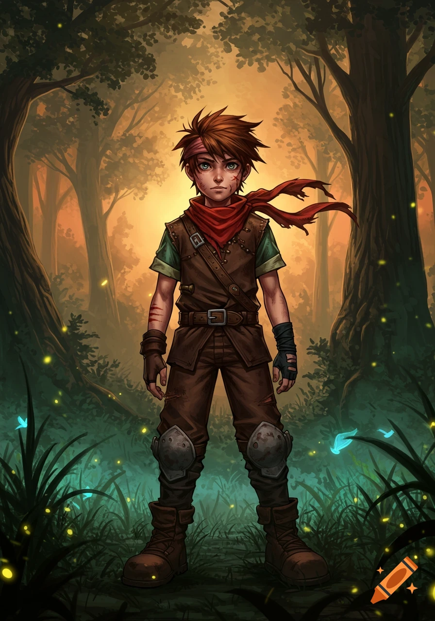 Anime boy adventurer with red scarf and stylized scars stands in an enchanted forest with glowing lights.