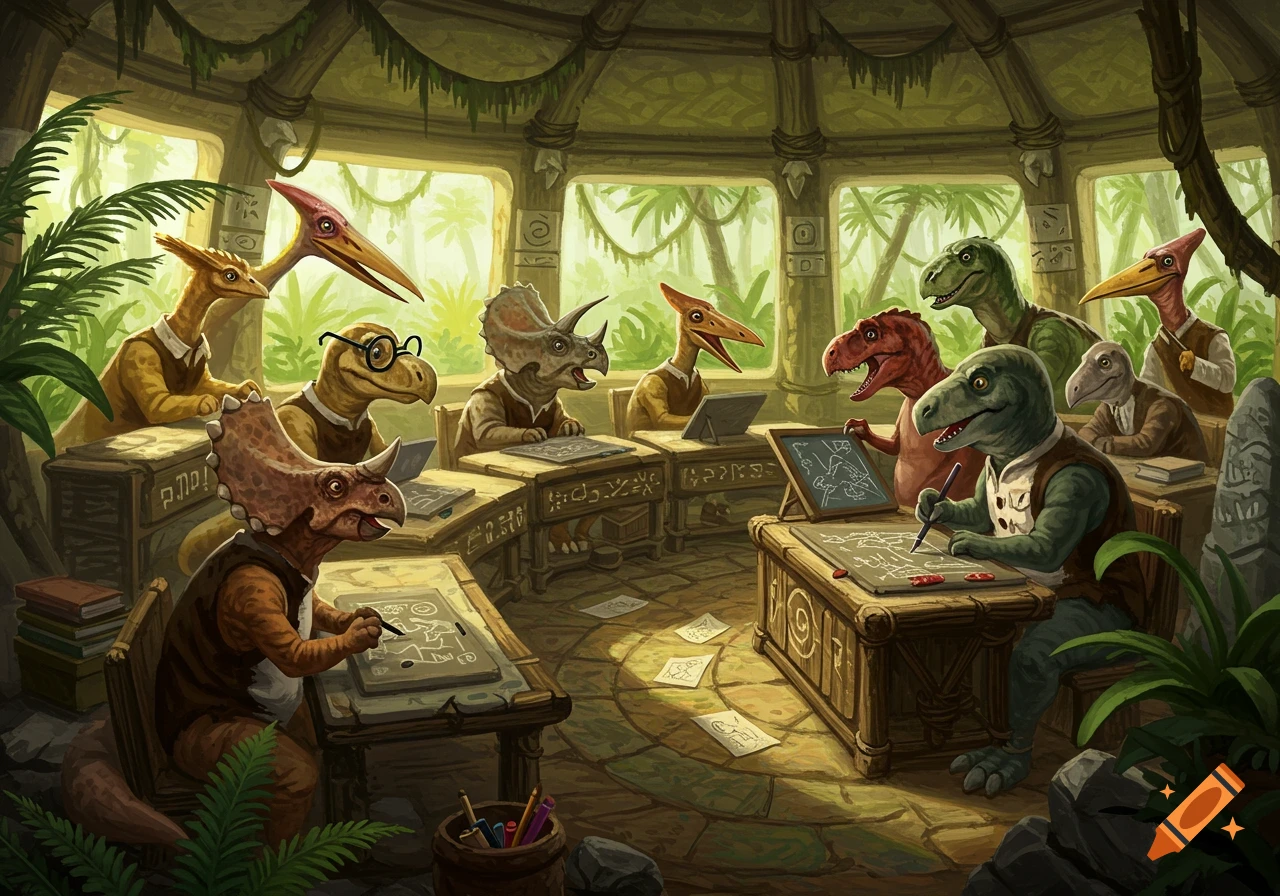 Illustrated classroom with anthropomorphic dinosaurs, some wearing shirts, seated at desks, drawing or writing in a jungle-like setting.