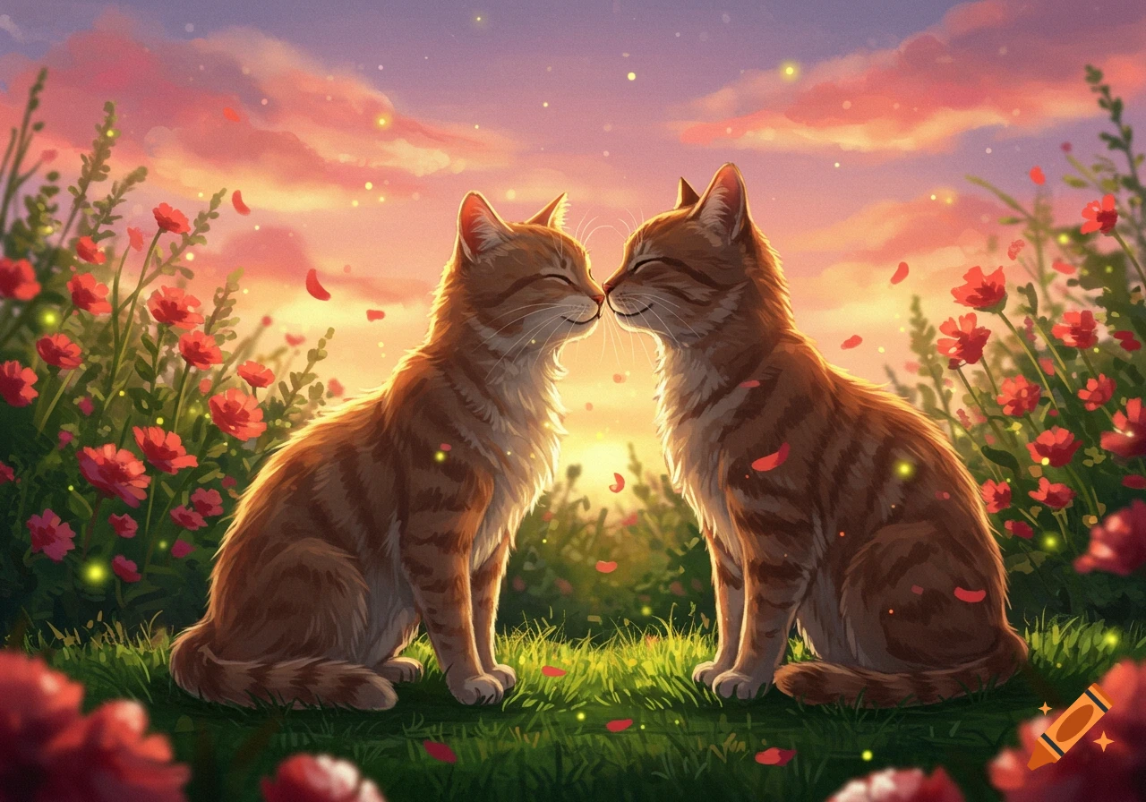 Two whimsical orange tabby cats touch noses in a field of red flowers under a glowing sunset sky.