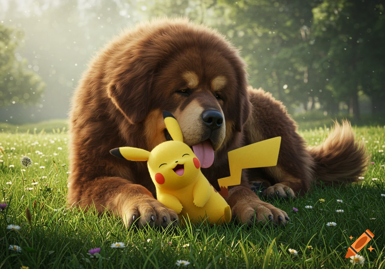 Photorealistic Tibetan Mastiff dog lies in green grass, gently licking a smiling Pikachu. Pikachu sits happily between the dog's paws.