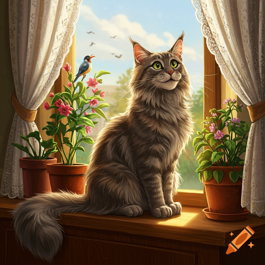 Pixar-style illustration of a fluffy Maine Coon cat sitting on a sunny windowsill with potted plants.
