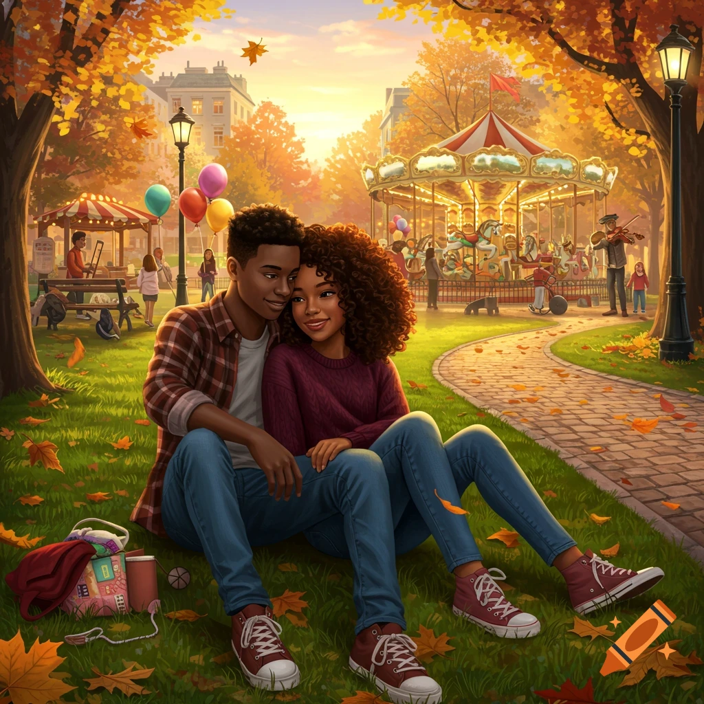 An illustrated black teenage couple sits on grass in a vibrant autumn park with a carousel and falling leaves in the background.