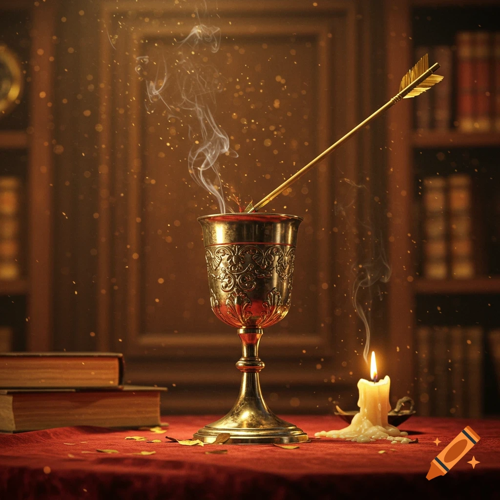 Ornate golden goblet with smoke and a golden arrow, alongside books and a lit candle on a red table.