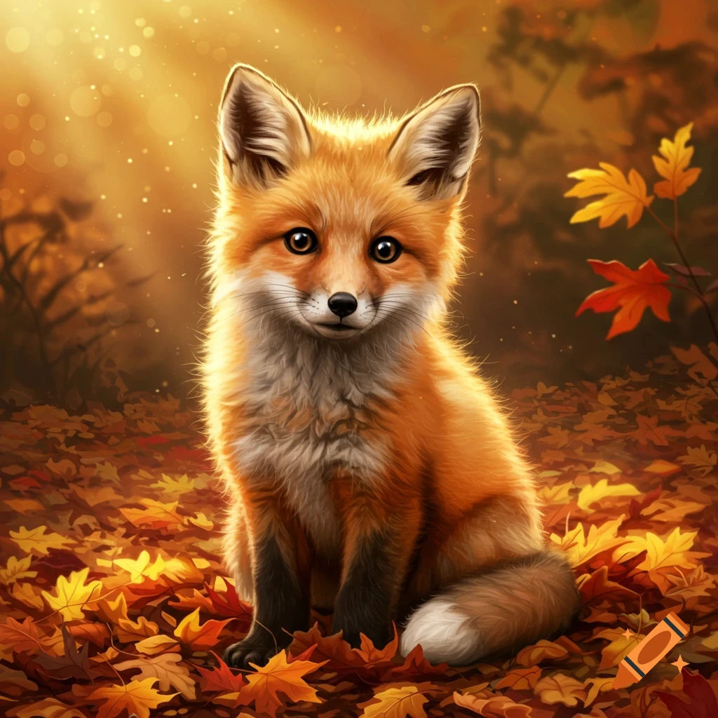 A cute baby fox with bright orange fur sitting among fallen autumn leaves in a sun-dappled forest, digital illustration.