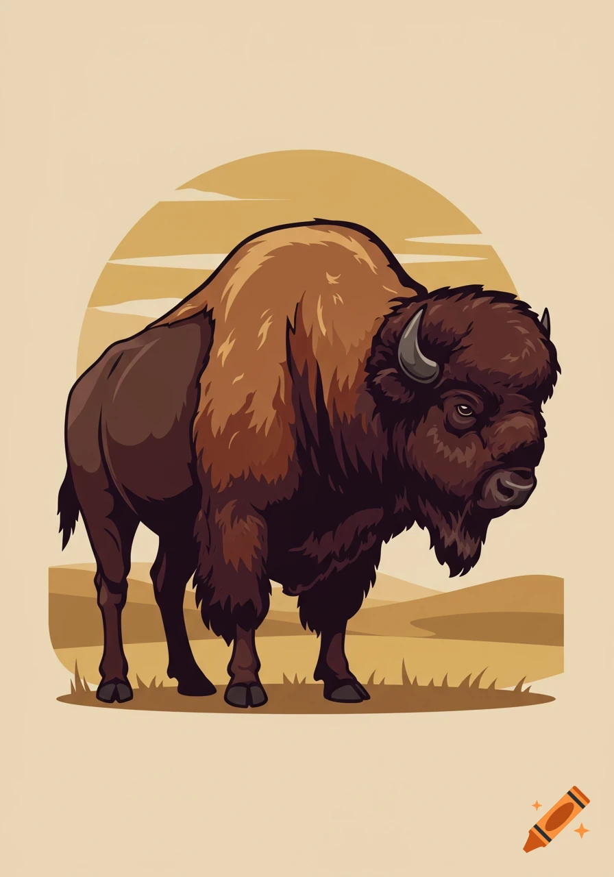 An illustration of a brown bison standing in a field with a yellow sunset behind it.