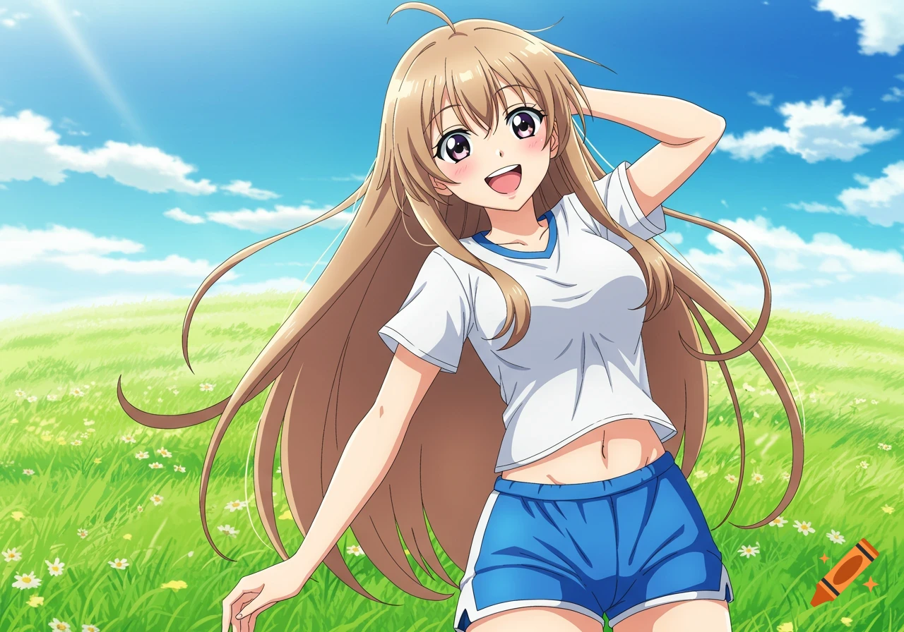 A cheerful anime girl with long light brown hair, wearing a white t-shirt and blue sports shorts, smiles in a sunny grassy field.