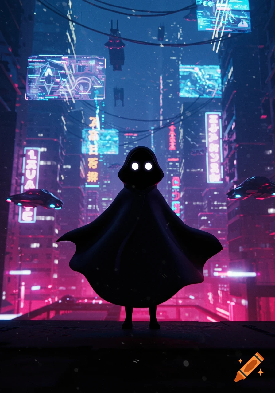 Dark cloaked silhouette with glowing eyes in a neon-lit cyberpunk city with flying cars, 2D cartoon style.