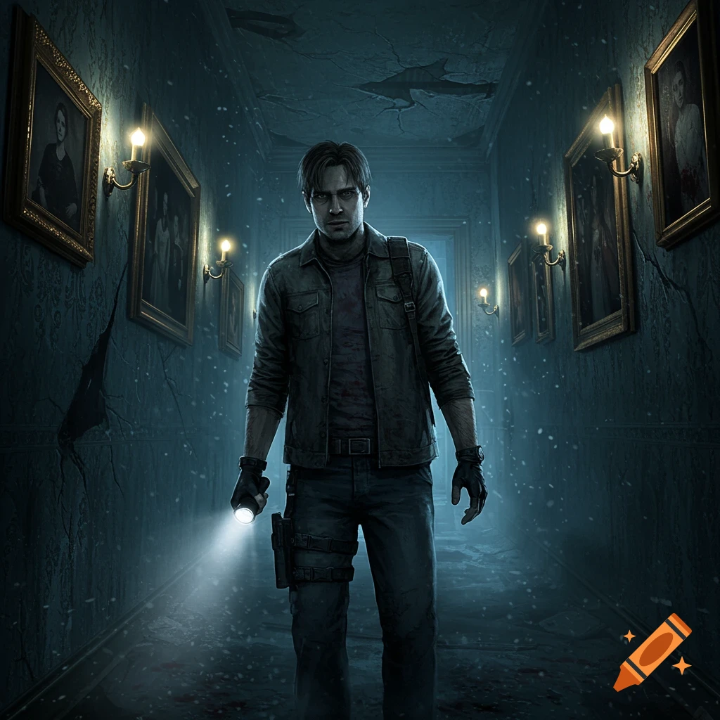 A man resembling Ethan Winters from Resident Evil stands in a dark, dilapidated hallway, holding a flashlight in a horror game style.