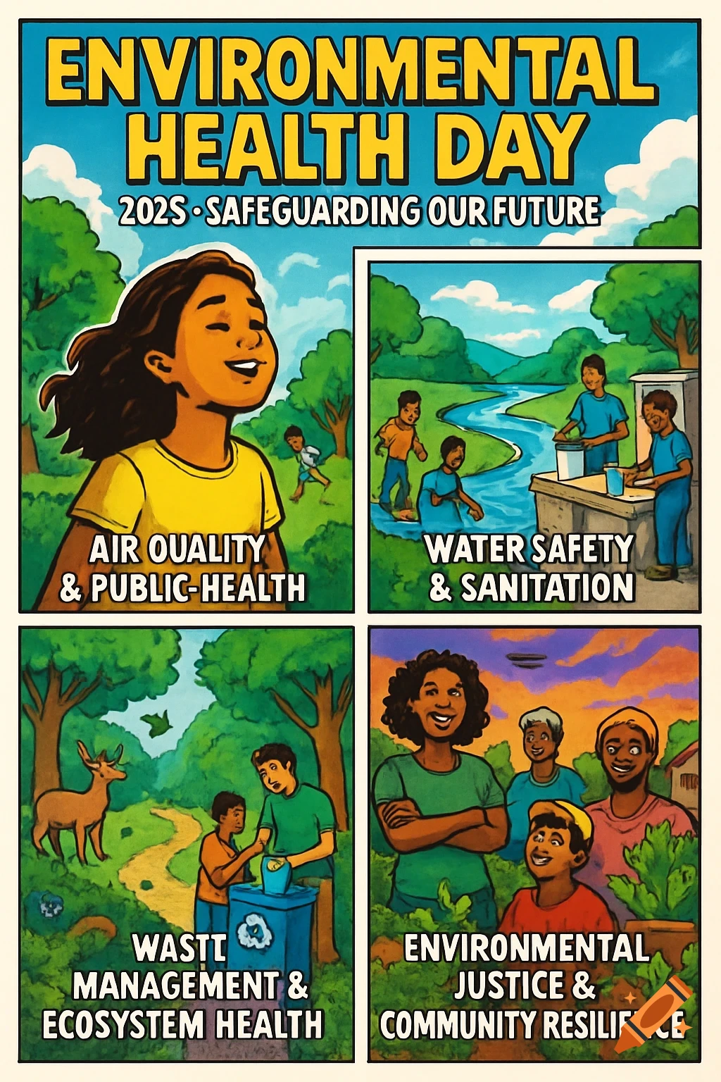 A colorful 4-panel cartoon poster celebrating Environmental Health Day, depicting children and adults involved in activities related to air quality, water safety, waste management, and community resilience.