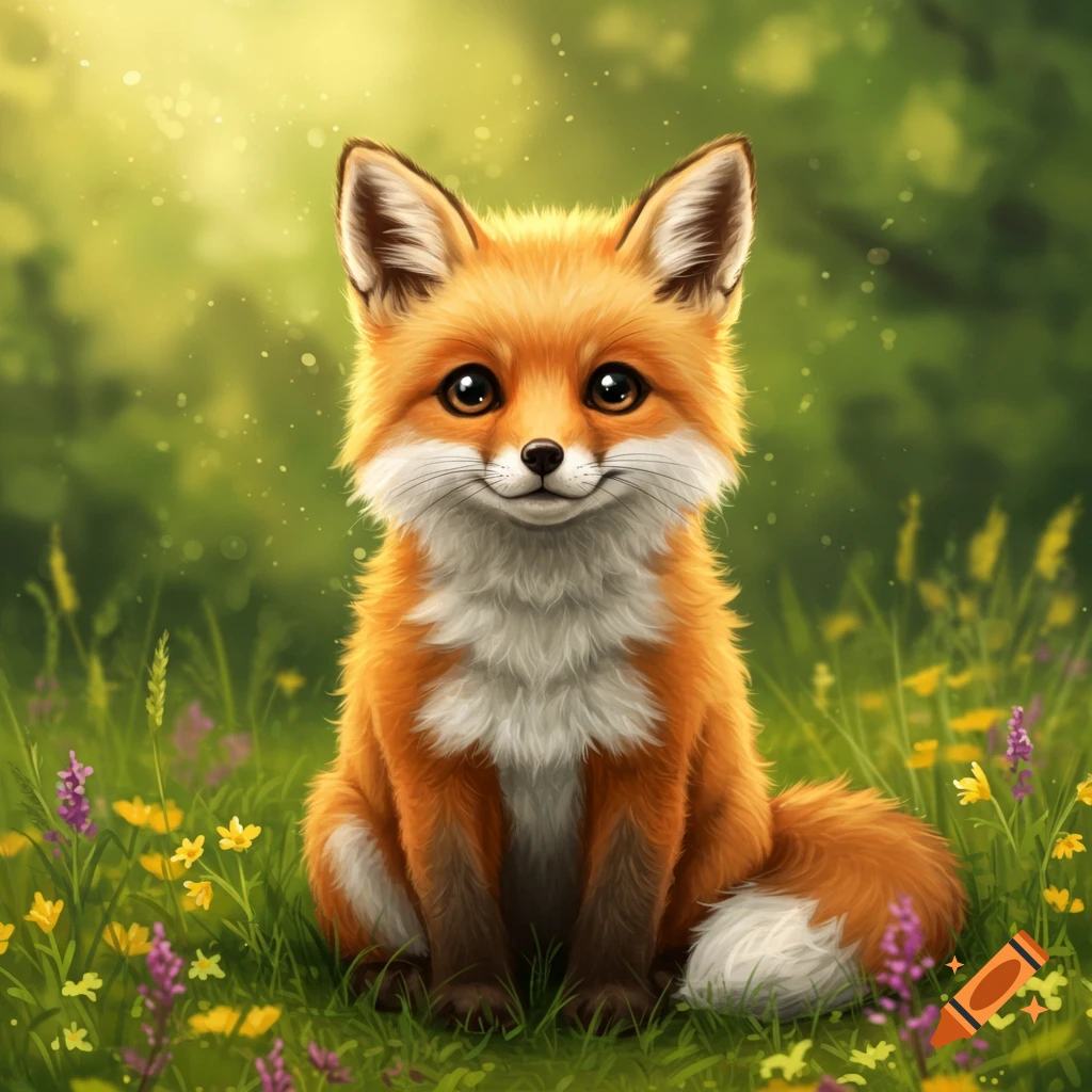 A cute, stylized fox with fluffy orange and white fur sits smiling in a bright, sunlit field of green grass and wildflowers.