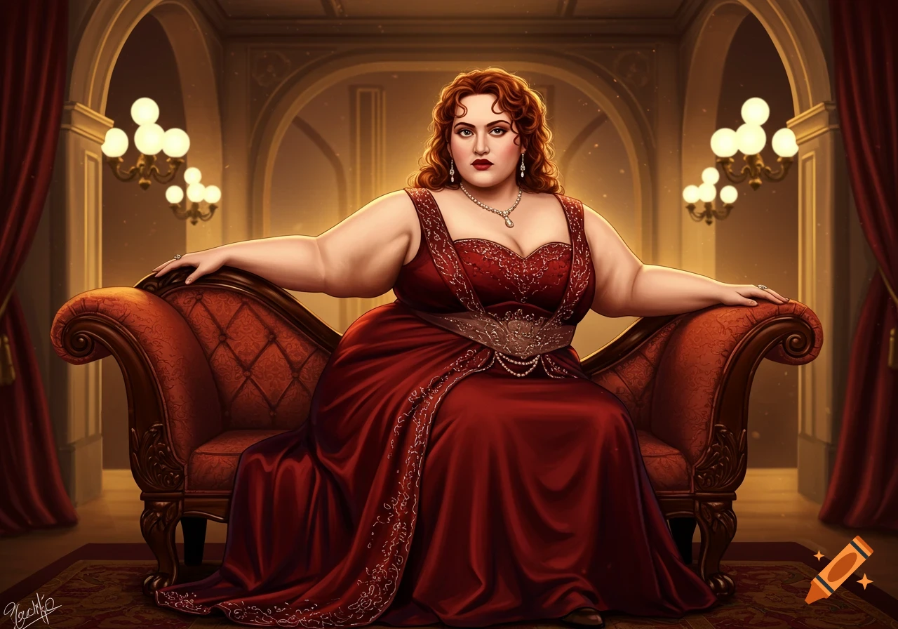 A robust woman with red hair in a rich red gown sits regally on a red chaise lounge in an opulent room.