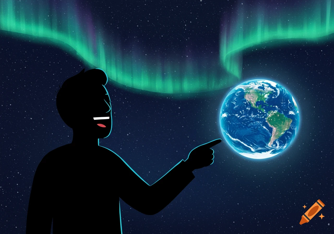 An illustration of a black silhouette man laughing and pointing at Earth, set against a starry sky with a green aurora.