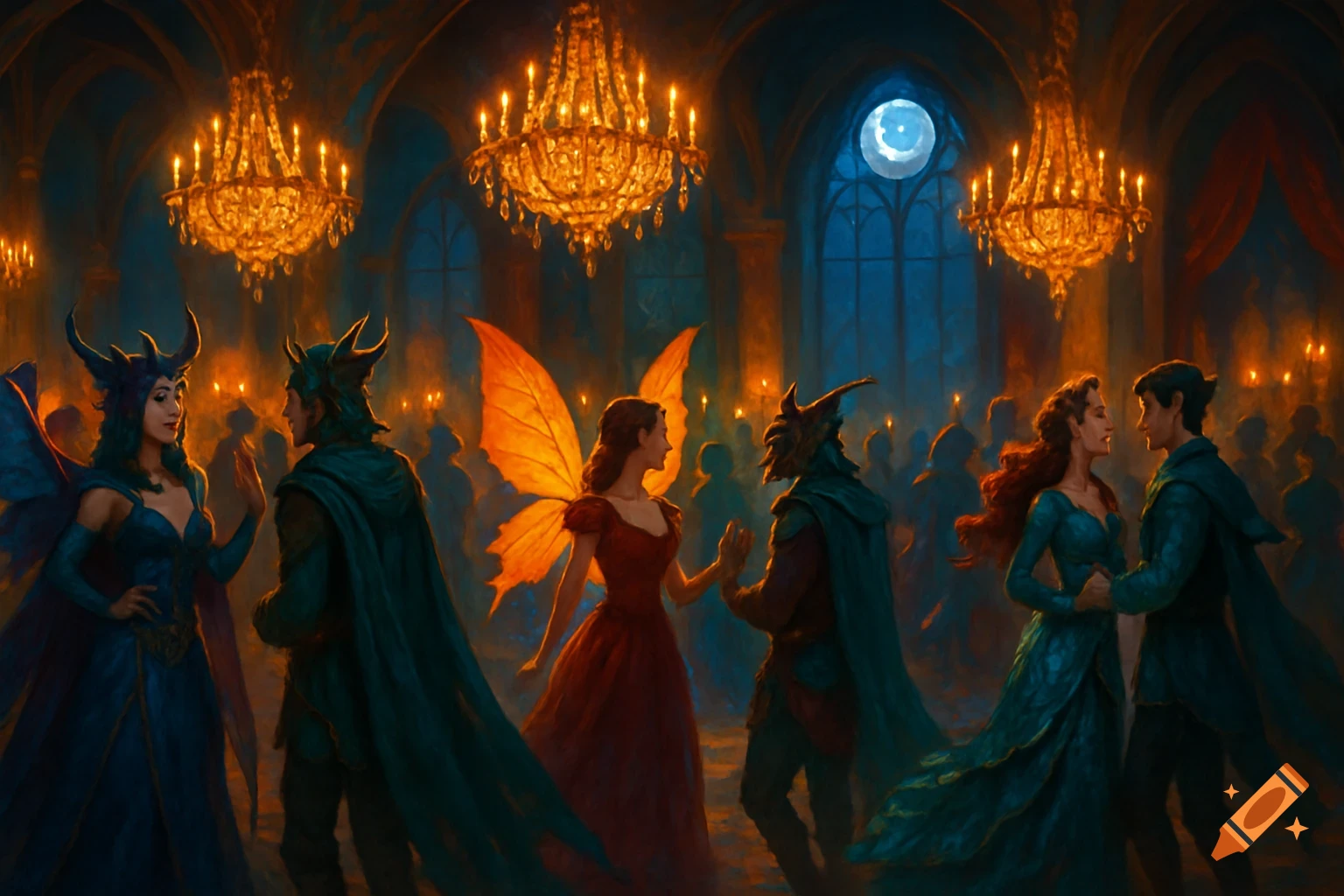 A fantasy costume party in a grand, dimly lit hall with numerous golden chandeliers. Figures with horns, wings, and elaborate costumes mingle.