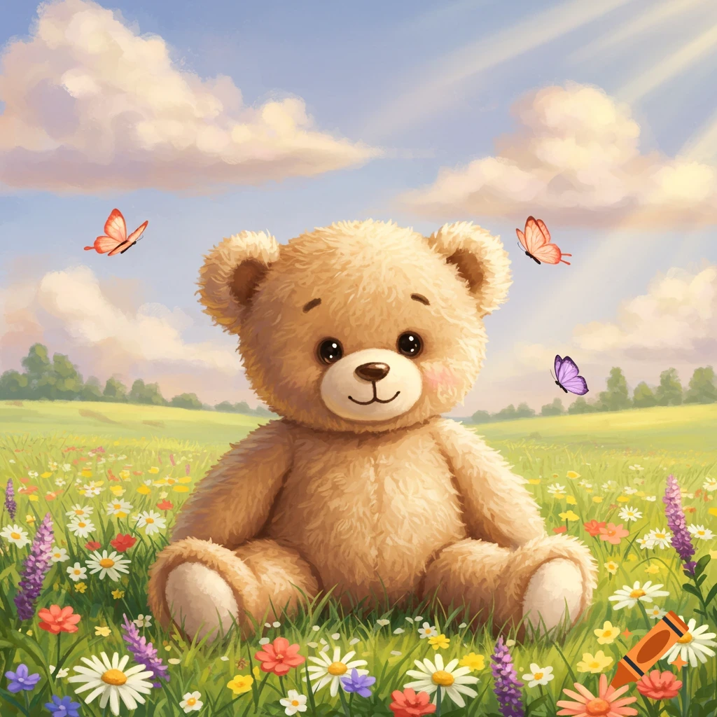 A cute fluffy teddy bear sits in a vibrant field of colorful wildflowers under a bright blue sky with butterflies.