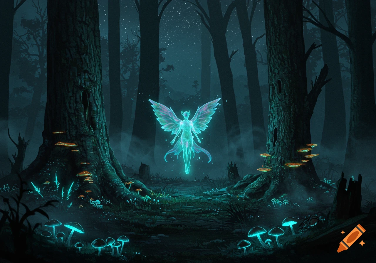 An ethereal glowing fairy figure floats in a dark, misty forest illuminated by bioluminescent mushrooms and starlight.