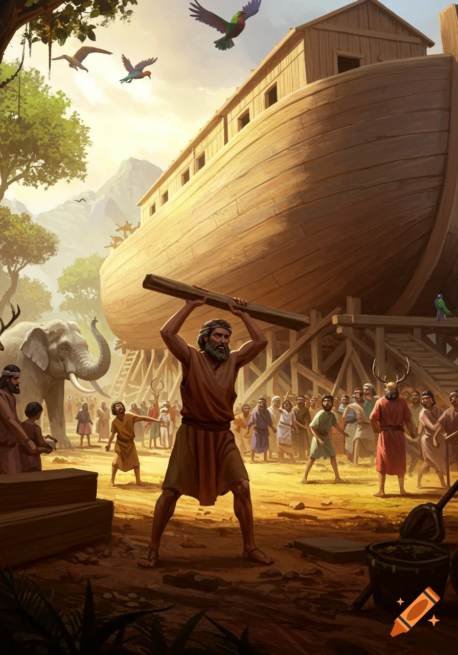 Noah lifts a log, people and animals around a massive wooden ark under construction in a golden-lit ancient landscape.