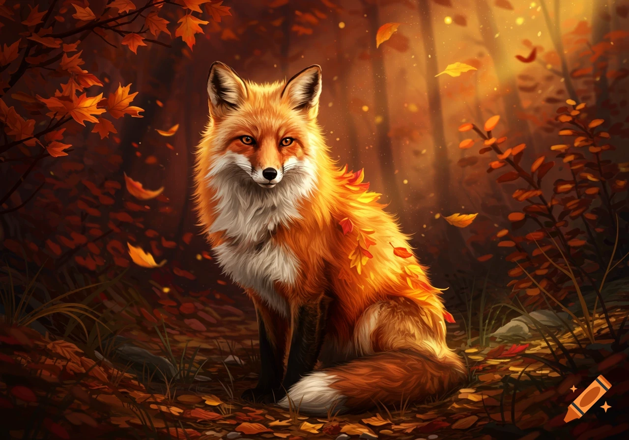 An illustration of a vibrant red fox sitting among fallen autumn leaves in a sun-dappled forest.