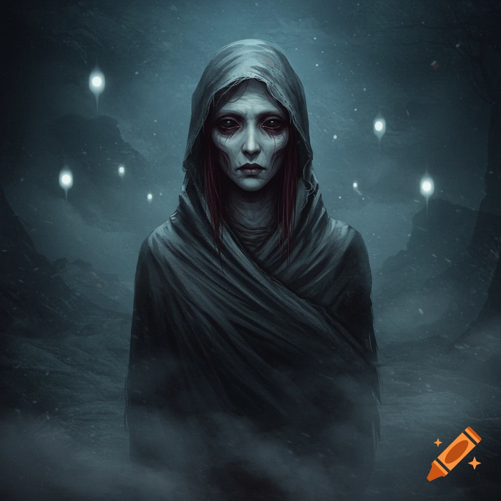 Pale, gaunt figure in a dark hooded cloak stands in a misty, ethereal landscape with glowing orbs in a dark fantasy art style.