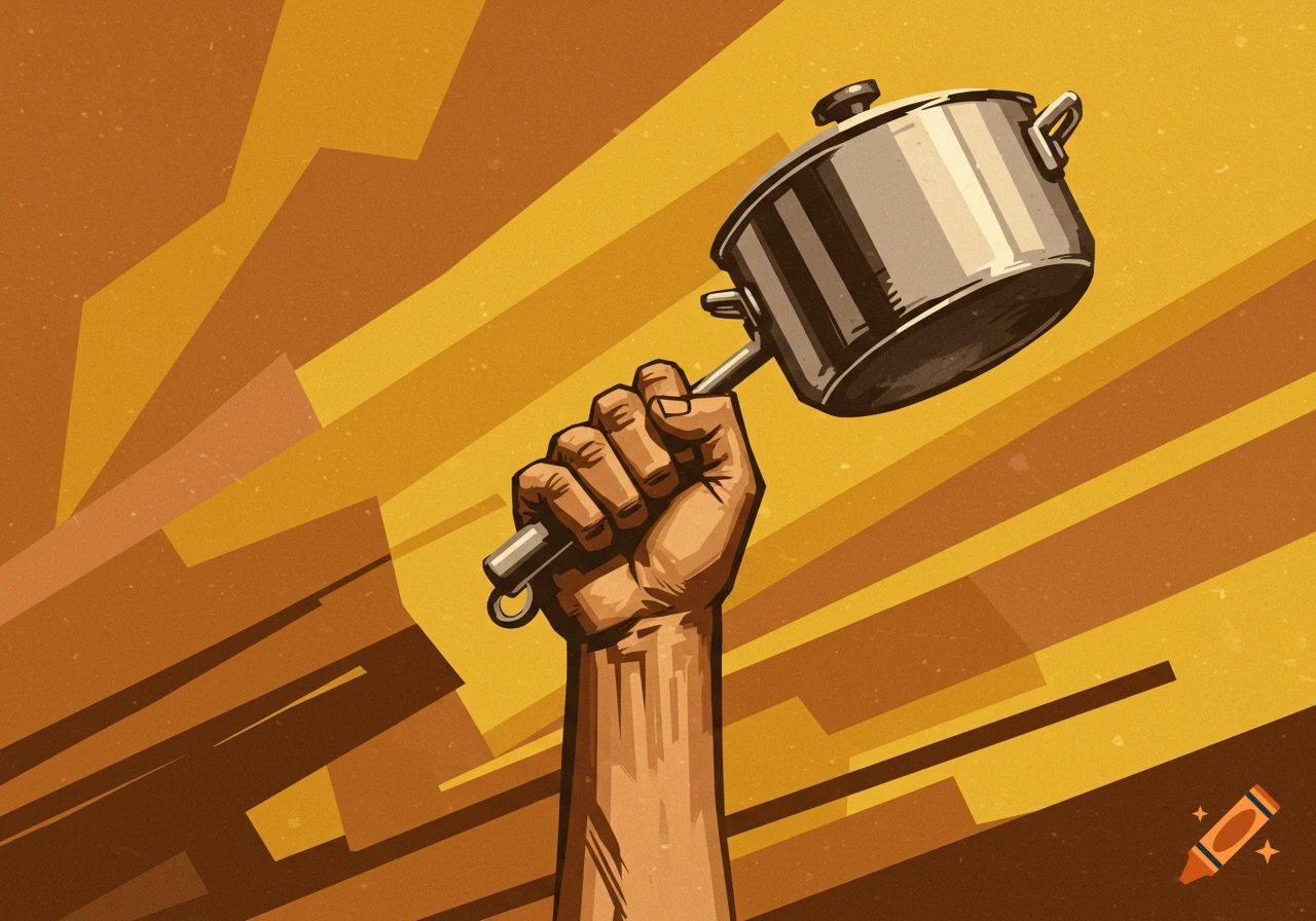 A brown fist holds a metal cooking pot triumphantly aloft against a sunburst-like background in a Soviet propaganda art style.