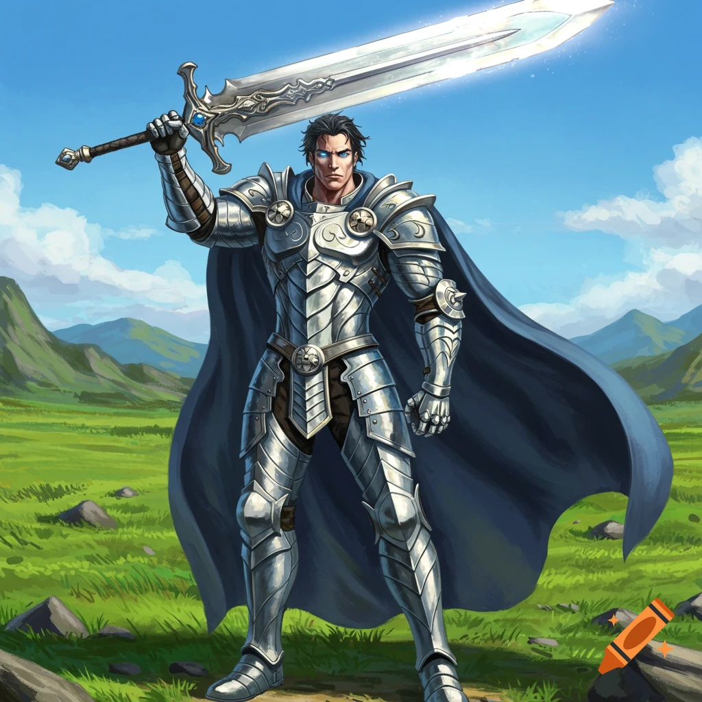 A powerful male knight in shining silver armor and a blue cape holds a glowing sword aloft in a vibrant, grassy landscape.