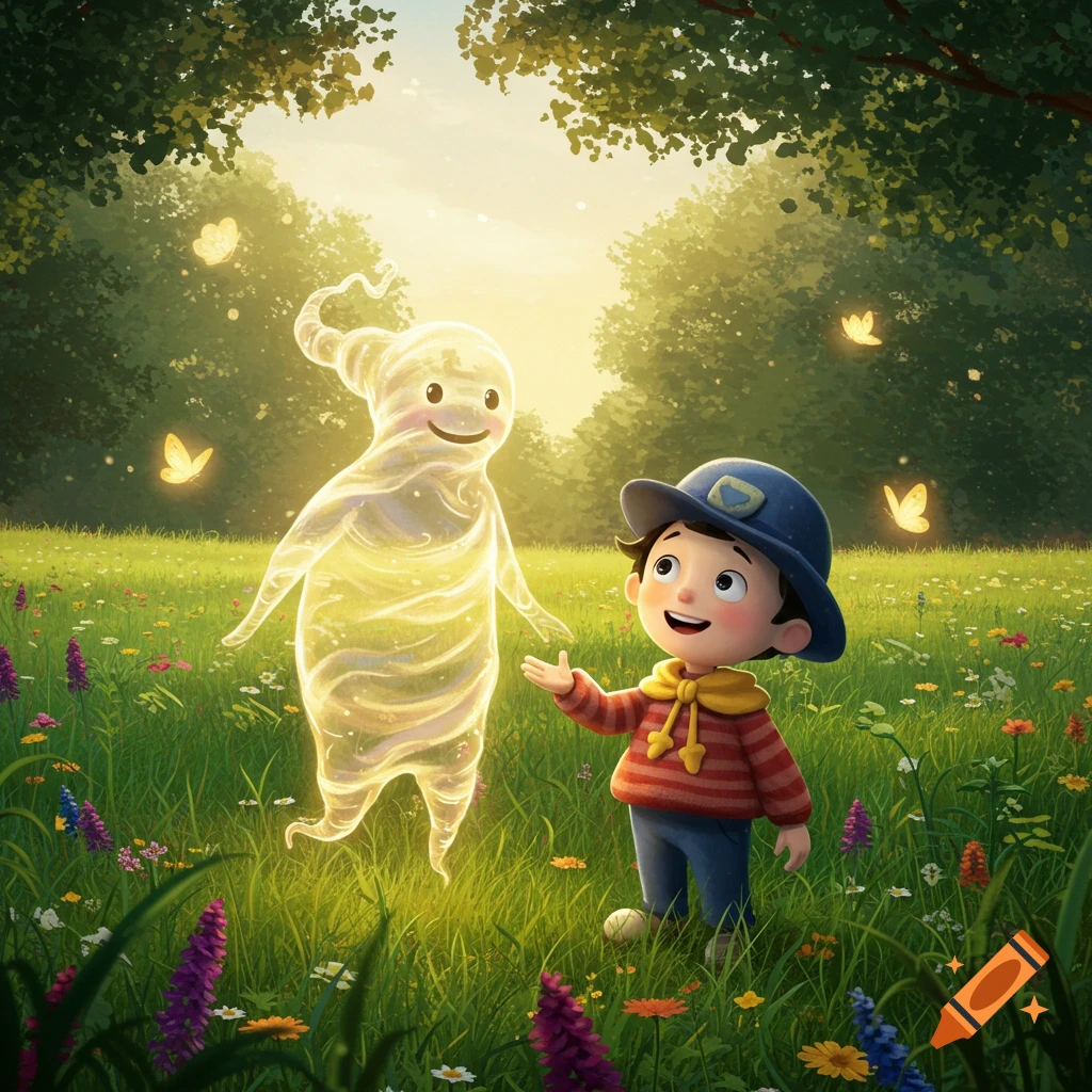 A cartoon boy in a meadow looks at a glowing, friendly, ghost-like figure surrounded by flowers and butterflies.