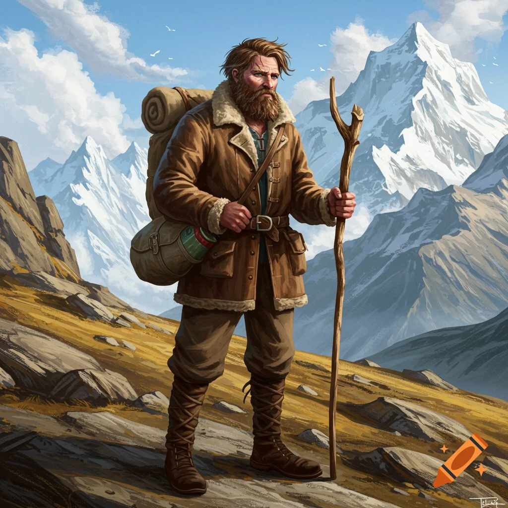 A bearded mountain man in a fur-lined coat with a backpack and staff stands on a rocky slope against snow-capped mountains.