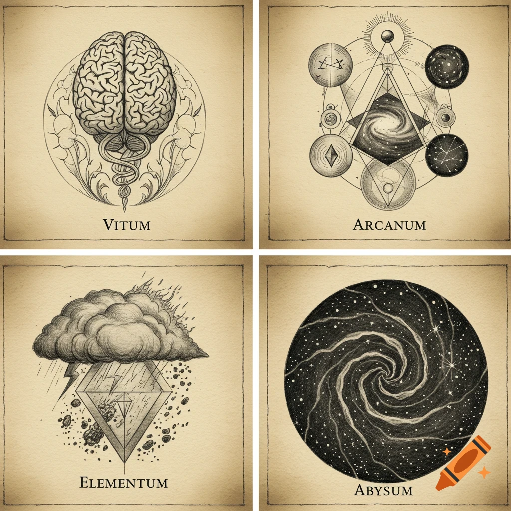 Four medieval pencil drawings of magical symbols: a brain for Vitum, a cosmic diagram for Arcanum, a stormy cloud for Elementum, and a spiral galaxy for Abyssum.