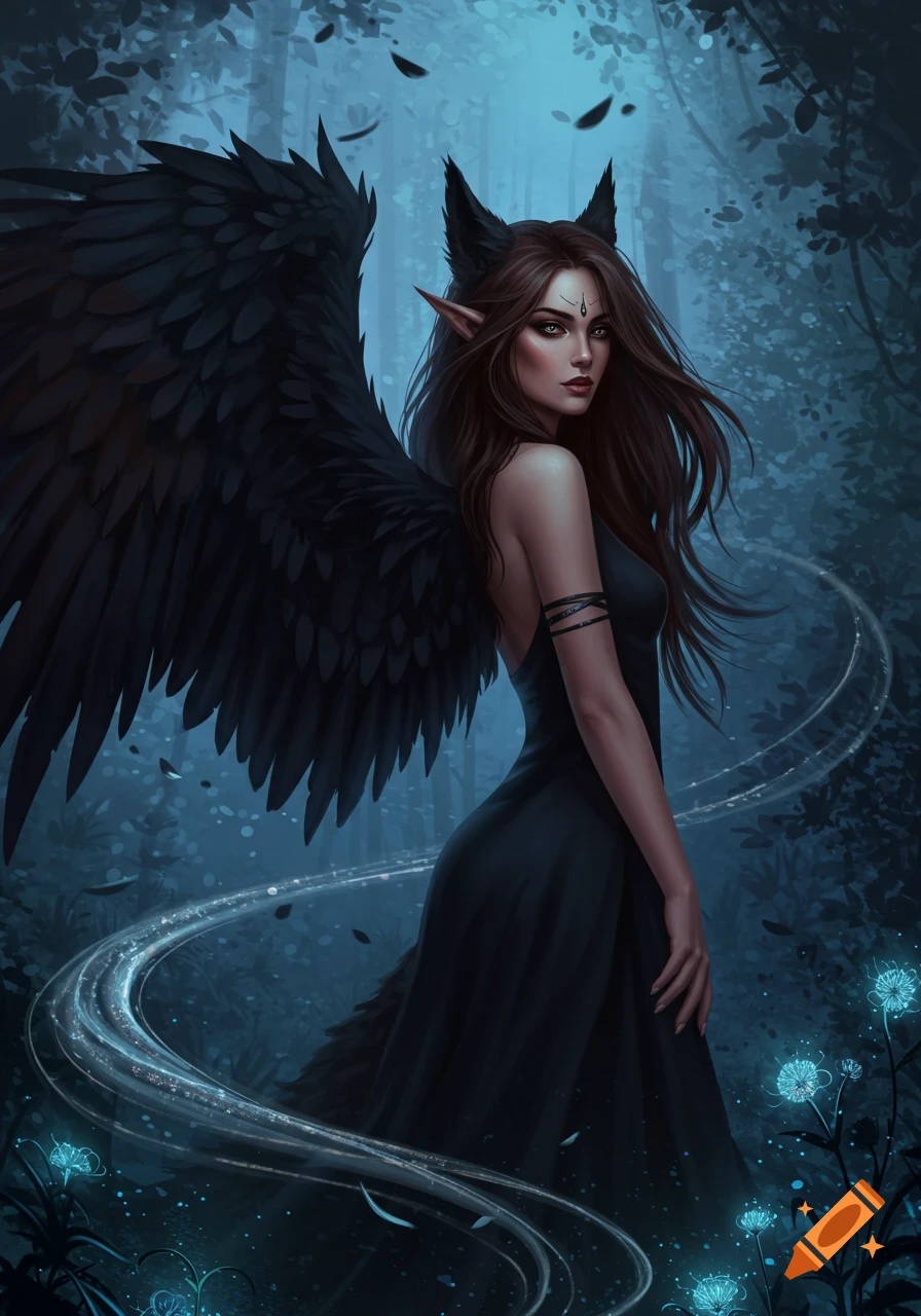 A fantasy woman with long brown hair, large black wings, and pointed ears stands in a dark, ethereal forest with glowing plants.