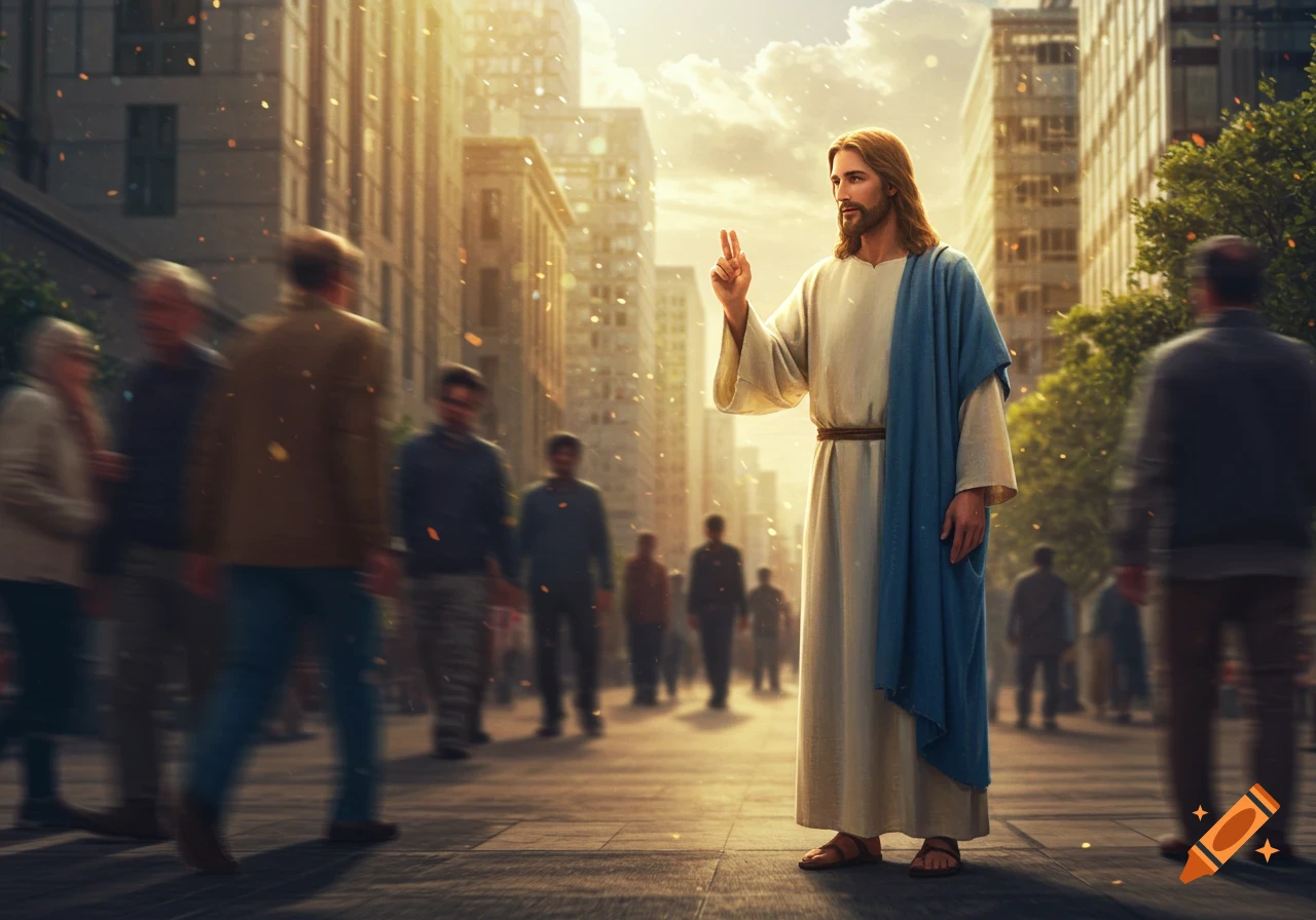 Jesus stands in a bustling, sun-drenched modern city street with a hand raised, as people walk past.