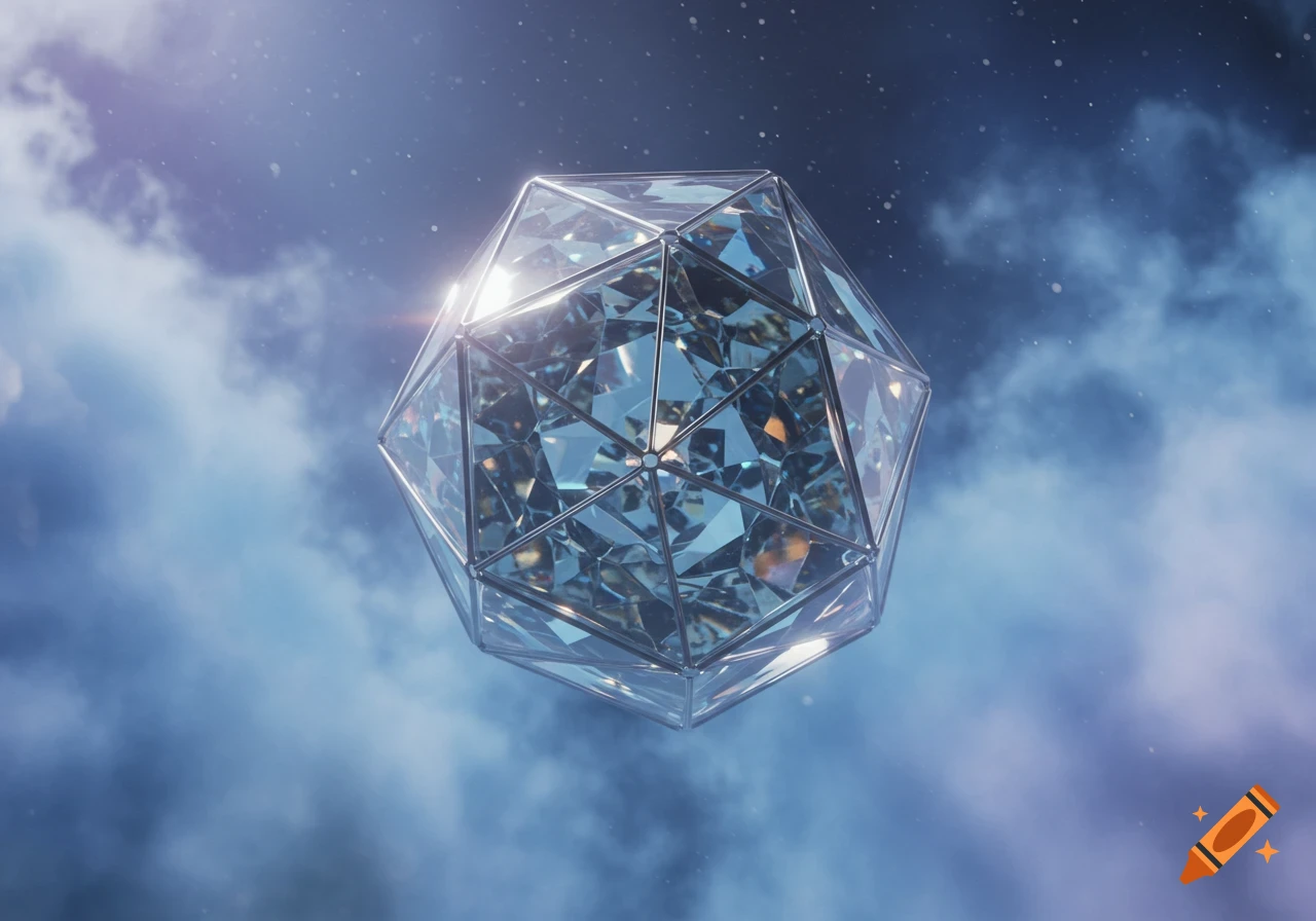 A shimmering, faceted crystal icosahedron floats in a blue, cloudy sky with sun flares.