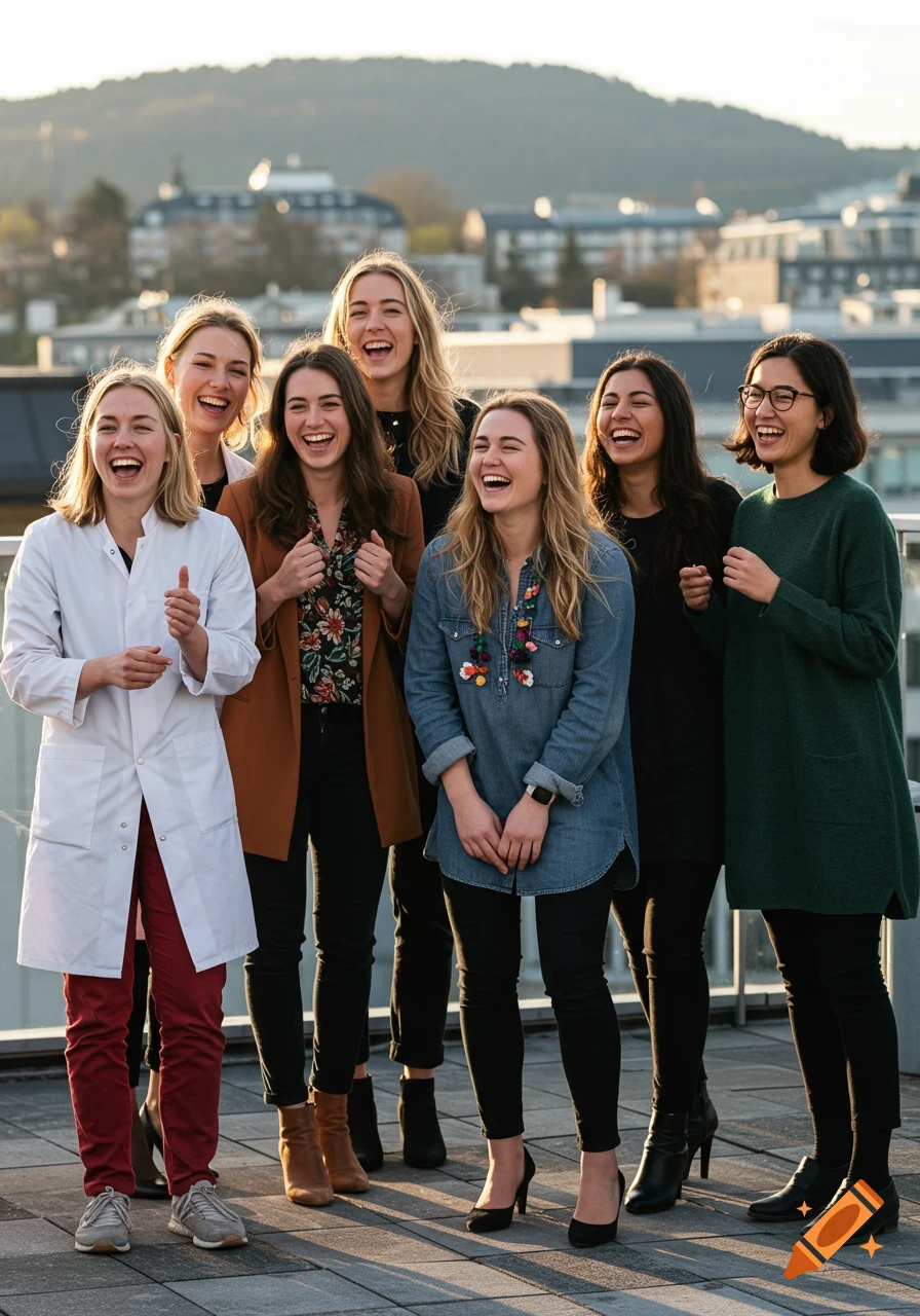 A group of diverse women laughing heartily on a rooftop with an urban skyline at sunset, photorealistic.