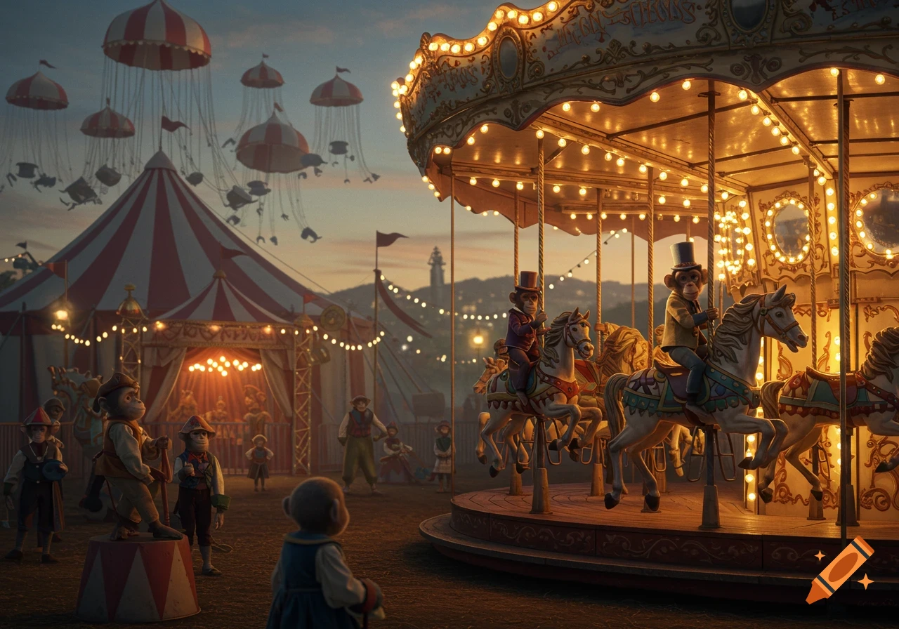 A whimsical circus scene at dusk with monkeys in human clothes enjoying an illuminated carousel and a big top tent.