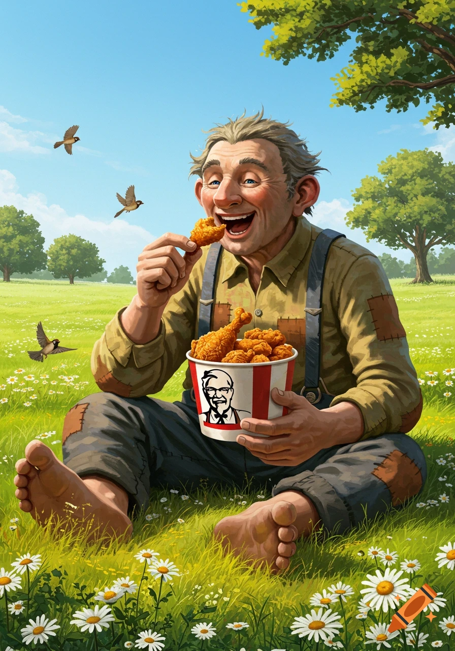 A whimsical illustration of a smiling old man with large ears, resembling the BFG, eating fried chicken from a KFC bucket in a sunny, flower-filled meadow.