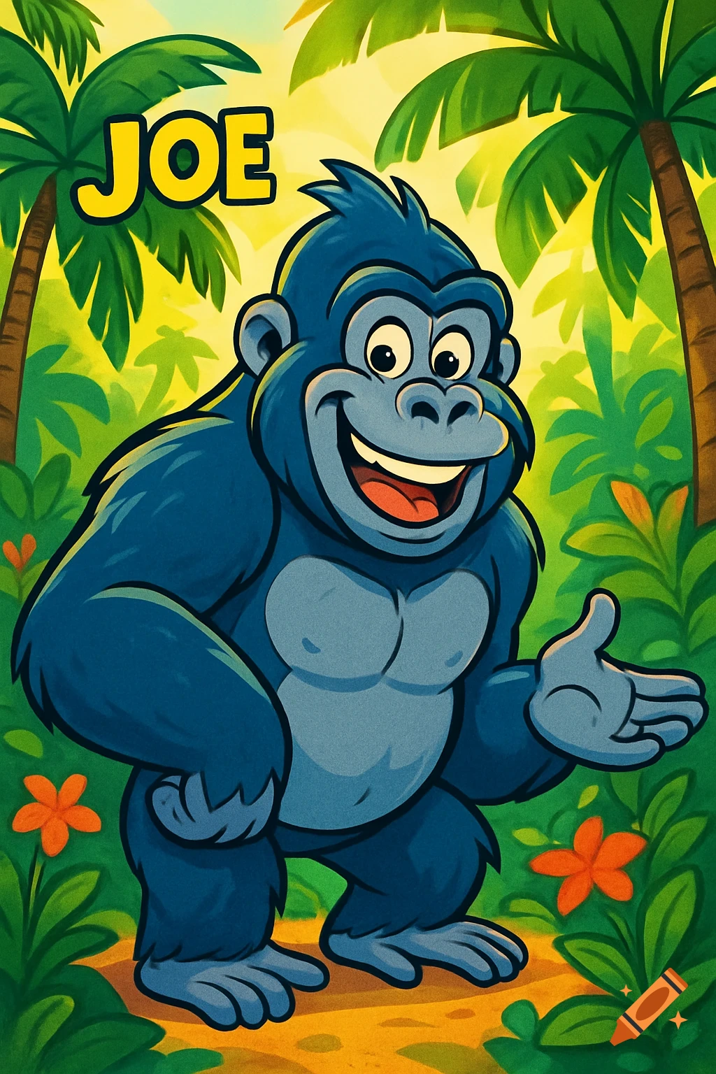 Cartoon illustration of a smiling blue gorilla named JOE in a jungle with palm trees.